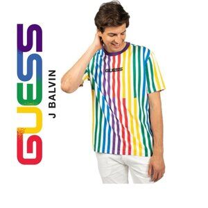 GUESS J.BALVIN T-SHIRT FUN VIBRANT 90’s RETRO VIBES SZ L STRIPES RAINBOW